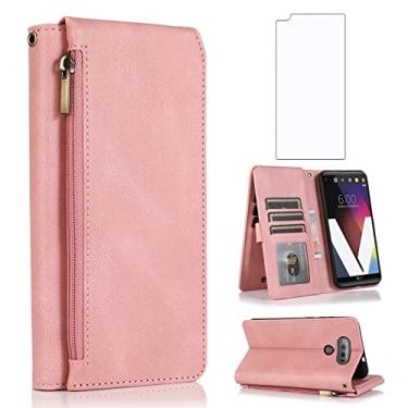 Imagem de Asuwish Compatível com LG V20 Capa carteira protetora de tela de vidro temperado e zíper retrô de couro flip suporte para cartão acessórios para celular LGV20 LG20 V 20 ThinQ feminino ouro rosa