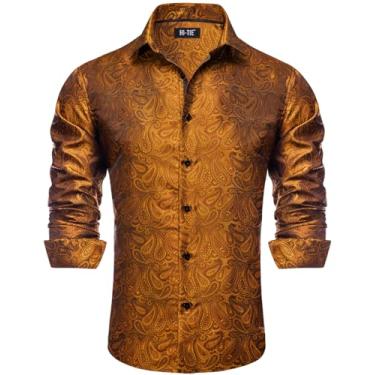 Imagem de Hi-Tie Camisas sociais masculinas de cobre Paisley de seda com botões, manga comprida, ajuste regular, para jantar diário, pequena, Paisley de cobre, P