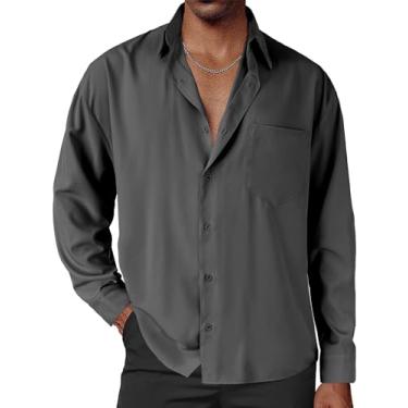 Imagem de Camisa social masculina de cetim brilhante, manga comprida, abotoada, luxuosa, de seda, ombro caído, ajuste relaxado, camisa de festa de formatura, Cinza escuro, 3G