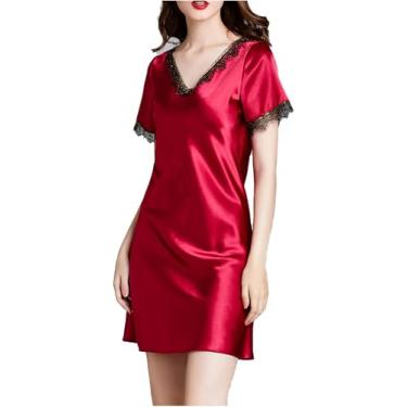 Imagem de Simulação Camisas de Noite de Seda para Mulheres Manga Curta Camisa de Noite Sleepwear Guipure Lace V-Neck Sleep Dress,Burgundy,XL