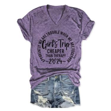 Imagem de Camiseta Girls Trip Cheaper Than Therapy feminina, estampa de letras, manga curta, gola V, camisetas de férias de verão, Estilo 1 - roxo, G