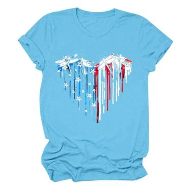 Imagem de Camiseta feminina moderna gola redonda manga curta dia independente estampada camiseta ativa, Azul-celeste, G