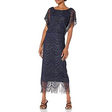 Imagem de S.L. Fashions Vestido feminino de crochê metálico com bainha de franja, Azul marinho e prata, 50