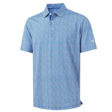 Imagem de M MAELREG Camisa polo masculina de golfe de manga curta com estampa de ajuste seco e absorção de umidade, Folha pequena azul, P