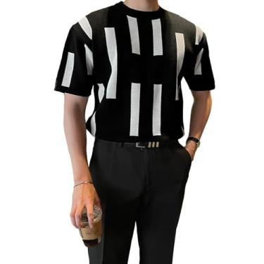 Imagem de GORGLITTER Camiseta masculina de malha com estampa geométrica, manga curta, gola redonda, Preto, G