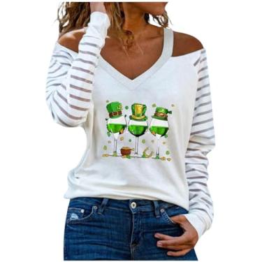 Imagem de Nagub Camiseta feminina do Dia de São Patrício, manga comprida, gola V, estampa trevo, ombros de fora, plus size, camisas modernas, túnicas 2024, Óculos verdes, M
