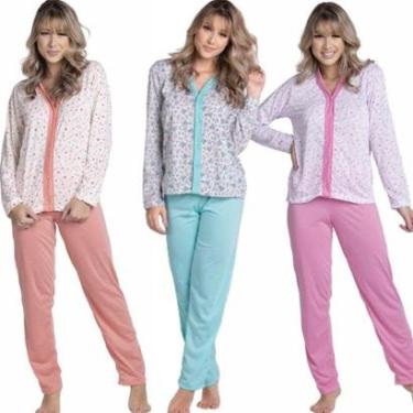 Imagem de KIT 3 Pijama Estampado Amamentação Longo Bella Fiore Pós Parto Botão Aberto Linha Noite-Feminino