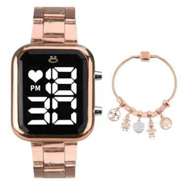 Imagem de Relogio Feminino Digital LED Com Pulseira Berloque Pandora Edição Limitada Opção Cores Black Piano Rosé Presente Elegante Casual Para Namorada Esposa (Rose Gold)