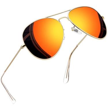 Imagem de Joopin Óculos de sol retangulares, óculos de sol clássicos militares para homens, óculos de sol de aviação de metal com proteção UV polarizada para fantasia, C15- Ouro grande/vermelho espelhado,