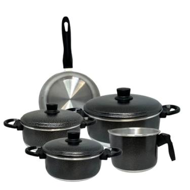 Imagem de Jogo de Panelas 5 Peças em Alumínio Preto Craquelado | Caçarolas com Tampas, Frigideira e Leiteira