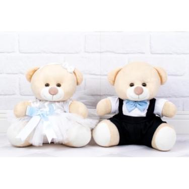 Imagem de PELUCIA URSO CASAL TEDDE PAJEM PRETO, DAMINHA BRANCA - 15CM/ PARA DECORAÇÃO (detalhes azul claro)