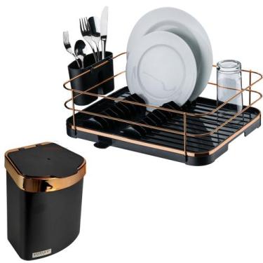 Imagem de Kit Escorredor De Louças Lixeira 2,5L De Pia Cozinha Preto Rose Gold -
