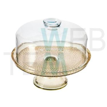 Imagem de Boleira de Vidro com Pé e Tampa Vitazza 28cm Dourada Prato para Bolo e