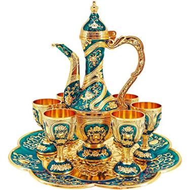 Imagem de Conjunto vintage turco de cafeteira e xícaras, conjunto de chá incluindo bule, bandeja de chá e copos de metal para decoração de armário de vinho, presentes de casamento (dourado e azul)