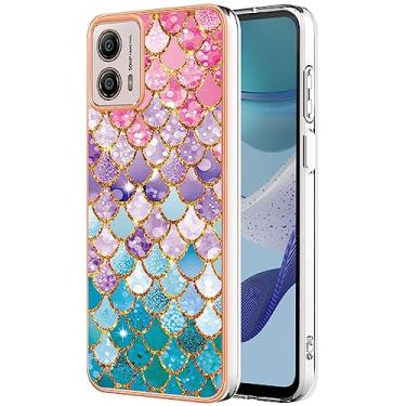 Imagem de Monwutong Capa de telefone de ajuste fino para Motorola G53, capa moderna com padrão de mármore IMD brilhante para meninas, capa de proteção de lente de tela e câmera para Moto G53, escalas coloridas