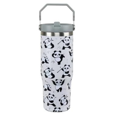 Imagem de Copo de panda para mulheres de 850 g com alça copo de panda isolado a vácuo com canudo dobrável e alça superior, caneca de café de 850 g