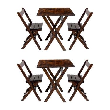 Imagem de Kit 2 Conjuntos Mesa Dobrável Para Bar E Restaurante 60x60cm Com 2 Cadeiras Em Madeira Maciça - Imbu - Marrom