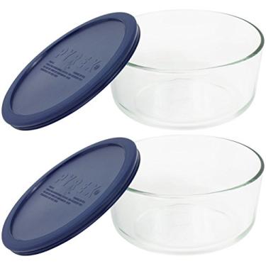 Imagem de Prato redondo de 4 xícaras Pyrex Storage com capa de plástico azul escuro, transparente (pacote com 2 recipientes)