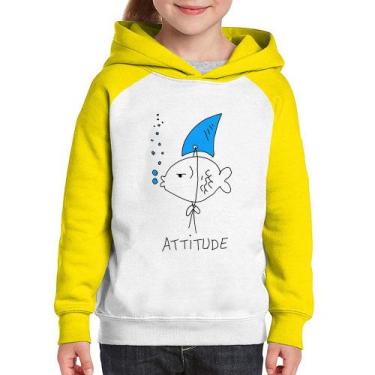 Imagem de Moletom Infantil Atitude Peixe Tubarão - Foca na Moda, Branco, Amarelo