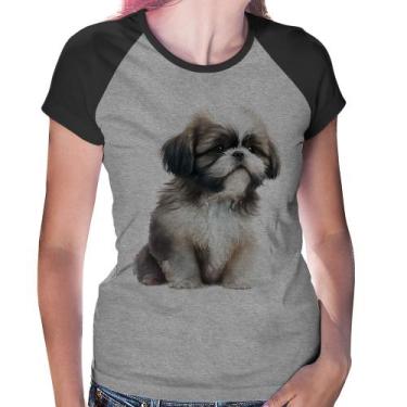 Imagem de Baby Look Raglan Cachorro Shih Tzu Filhote - Foca na Moda, Cinza, Pret