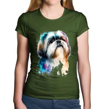 Imagem de Baby Look Algodão Cachorro Shih Tzu Watercolor - Foca na Moda, Musgo, 