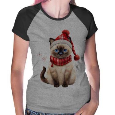Imagem de Baby Look Raglan Gato Natalino Gorro e Cachecol - Foca na Moda, Cinza,