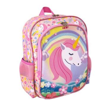 Imagem de Mochila Feminina Infantil LS Unicórnios Rosa Média Com 4 Divisões - MO