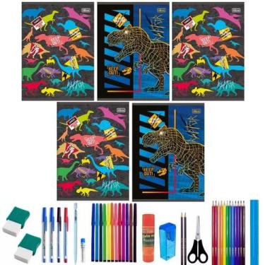 Imagem de Kit 5 Cadernos Dinossauro Tilibra Grande 60 Folhas 38 Itens
