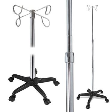Imagem de JJ CARE IV Pole with Wheels [Upgraded] 4 Hooks, 5 Caster Wheels with Lock Function, and Adjustable Height - Heavy Duty Plastic Base IV Stand Pole, IV Bag Holder, Infusion Stand - Chrome
