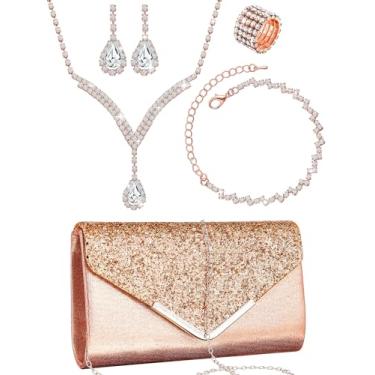 Imagem de Henoyso Conjunto de 5 peças de joias de strass para formatura com strass, bolsa de embreagem de strass, colar de noiva, brincos, pulseiras para mulheres, Elegant Style, poliéster, strass, couro PU