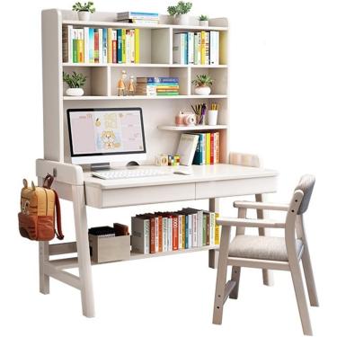 Imagem de Mesa em madeira maciça com boocase integrada, ideal para home office ou quarto,Branco+cadeira B,80x60x186cm