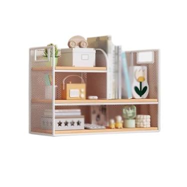 Imagem de Suporte para livros Organizador de estante de mesa com estrutura de grade de ferro branco, com divisória de madeira, para prateleiras de armazenamento de janelas de cozinha e escritório Estante