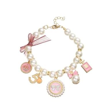 Imagem de Coleiras de pérolas para cães rosa para animais de estimação, colar de arco de princesa, laço doce, coleira fofa, acessórios para filhotes, joias de gato, alça de pescoço de pérola, coleiras básicas