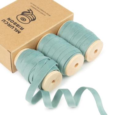 Imagem de Fita de veludo verde empoeirada de 1,9 cm x 55 m, acabamento em tecido, vintage, dupla face, fina, verde sálvia empoeirada, fita de veludo para embrulho de presente, árvore de Natal, decoração de