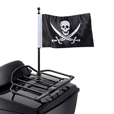 Imagem de RONGZHI Bandeira de caveira 15 x 23 cm com suporte de mastro de motocicleta preto para Harley Davidson Honda Goldwing CB VTX CBR Yamaha – Serve para rack de bagagens redondas de 1,27 cm