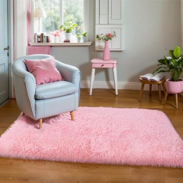 Imagem de KICHOWUA Tapete grosso rosa felpudo 7,5 x 12,5 cm para quarto de meninas, tapete macio e aconchegante felpudo de pelúcia para sala de estar, lavável na máquina, tapete pastel, peludo, para crianças,