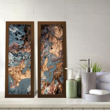 Imagem de Kit 2 Quadros Decorativos Lavabo Azul Dourado Mármore - Deliquadros, T