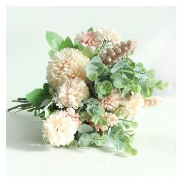 Imagem de Decoração de primavera - Buquê de casamento flor sintética de seda artificial buquê de dama de honra branco roxo pompom folha de eucalipto suprimentos de casamento, plantas artificiais artificiais