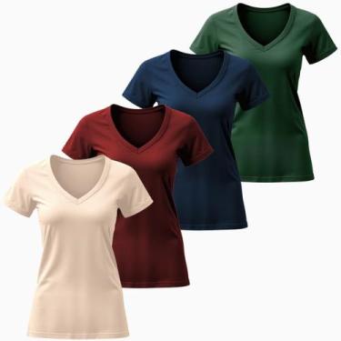 Imagem de Kit 4 Blusas Femininas Camiseta Basica Algodão Gola V Manga Curta Fafe