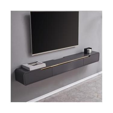 Imagem de Armário de TV Suporte de TV flutuante moderno, console de TV montado na parede de madeira com gabinete de porta articulada e 2 gavetas, centro de entretenimento flutuante que economiza espaço, madeira