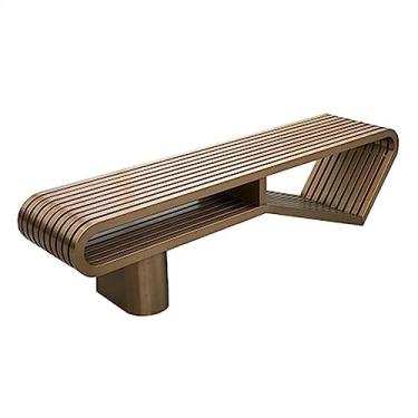 Imagem de Banco ao ar livre Banco ao ar livre de arte criativa, banco de jardim de aço inoxidável durável sem encosto, banco ao ar livre galvanizado em ouro rosa para 3 pessoas, 70,8 "L × 17,7" M × 17,7 "H Banc