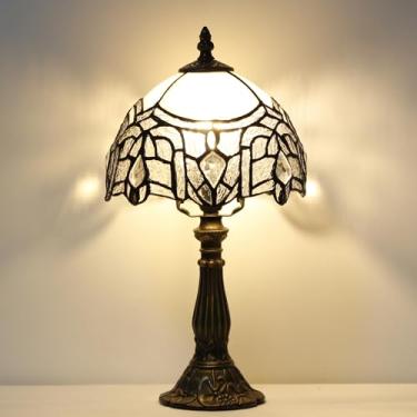 Imagem de SYETL Pequena Luminária De Mesa De Vidro Colorido Tiffany, Luminária De Cabeceira Vintage Tiffany Para Sala De Estar, Quarto, Mesa De Cabeceira 8X15 Polegadas (Estilo Branco Dobrado)