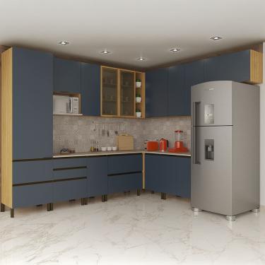 Imagem de Cozinha Completa de Canto Bartira Cristal com 12 Portas, 9 Gavetas, 15 Prateleiras, 3 Nichos e 300cm de Largura - Lâmina Mel/Azul Royal