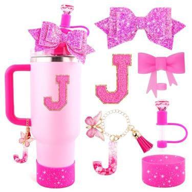 Imagem de Lingdeer Conjunto de acessórios de copo rosa rosa para Stanley Copo de 850 g e 1,134 g com alça, pingentes de letras, capas de canudo de arco e diamante, bota de silicone com glitter, adesivo