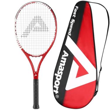 Imagem de AMA SPORT Raquete de tênis adulto de velocidade rápida – Raquete de tênis pré-amarrada com equilíbrio leve de 68,5 cm para mulheres e homens, tamanho de aderência de 68,5 cm (vermelho)