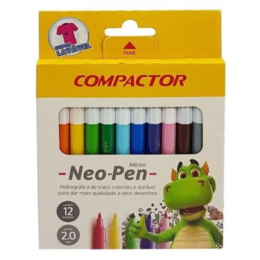 Imagem de Compactor Hidrocor Neopen Mirim 12 cores, ponta 2,0 mm, super lavável, tampa antiasfixiante