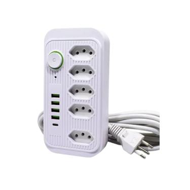 Imagem de Filtro de Linha, Extensão Régua Tomada com 5 Tomadas, 4 USB e 1 USB-c, Cabo de 3 Metros, Bivolt - Branco