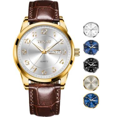 Imagem de Taxau Relógio social masculino à prova d'água, relógio de couro com data diurna, luxuoso, clássico, diamante, relógios de pulso masculinos, numerais arábicos, preto, azul, gary, mostrador branco