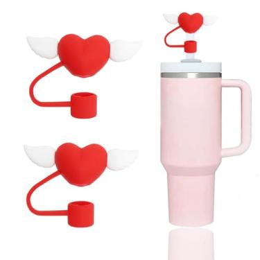 Imagem de 2 peças de tampa de palha para copo Stanley, cobertura de palha de silicone Love Wings compatível com copos Stanley de 30 e 1,134 g fofo vermelho asas do amor tampa de palha reutilizável para canudos
