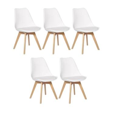 Imagem de Kit com 5 Cadeiras Leda Saarinen Wood - Charles Eames com Almofada - Cozinha, Sala de Jantar, Escritório, Recepção (Branco)